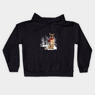 Chistmas Belgian Malinois With Scarf In Winter Forest Kids Hoodie